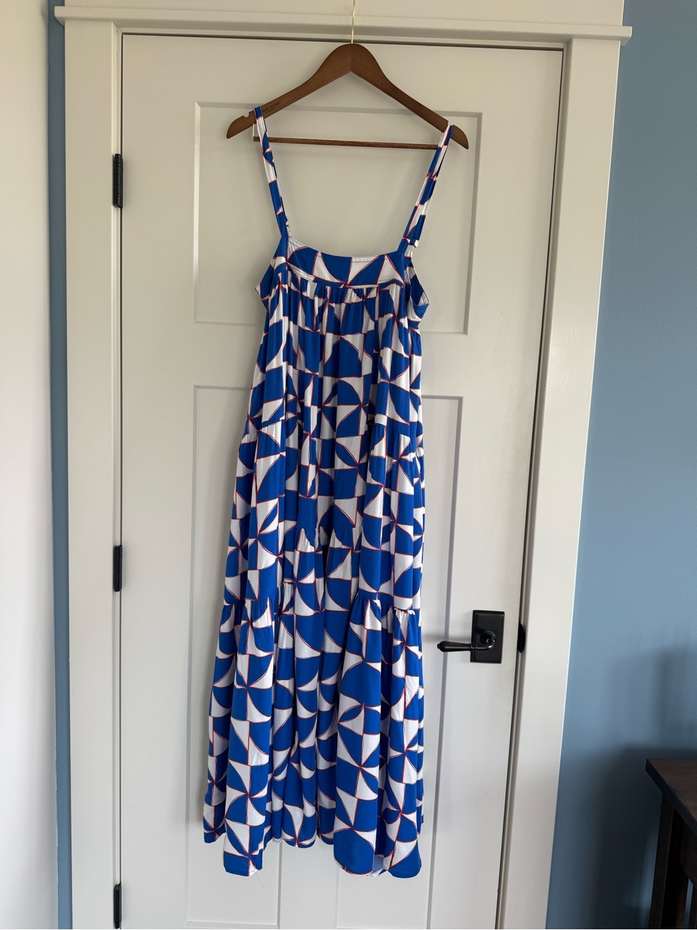 NWT Abel the Label Anthropologie Blue Geometric Print Tiered Maxi Dress L